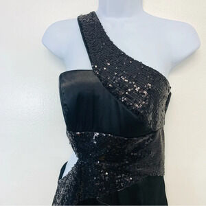 Vintage Black Satin Sequin Gown 5/6  One Shoulder Cut Out Formal Holiday Wedding